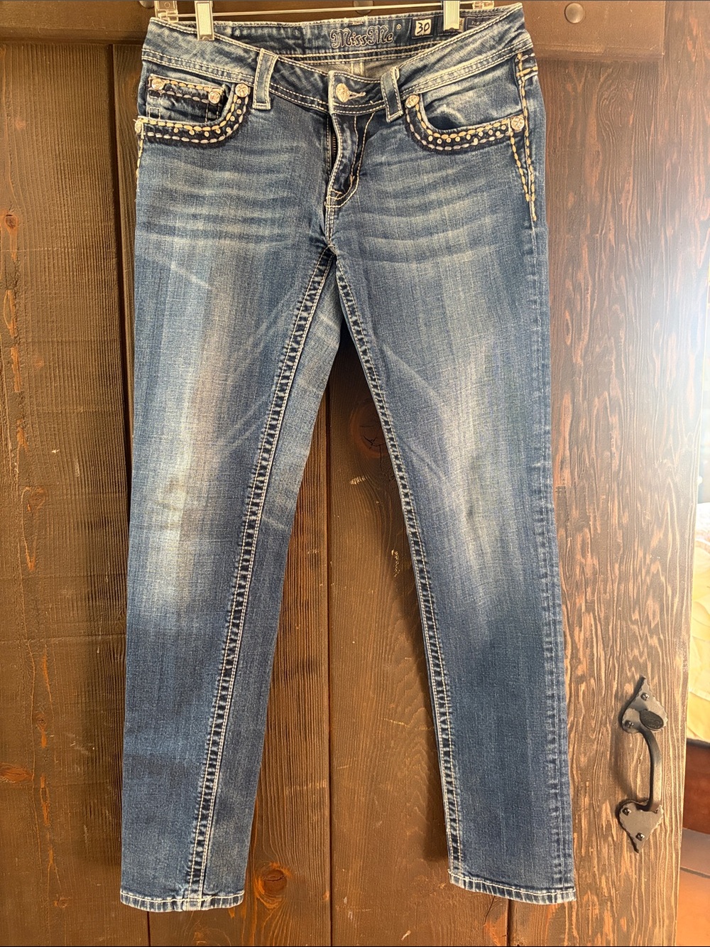Miss Me Distressed Blue Skinny Jeans with Embellished Pockets